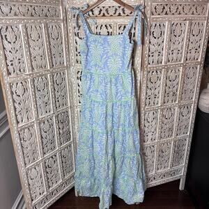 Crown & Ivy Floral Maxi Cotton Sundress w/Tie Straps Lined Elastic Back Size L
